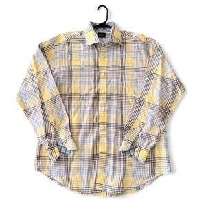 Neiman‎ Marcus Mens Plaid Long Sleeve Button Down Shirt Yellow Blue Gray Size XL